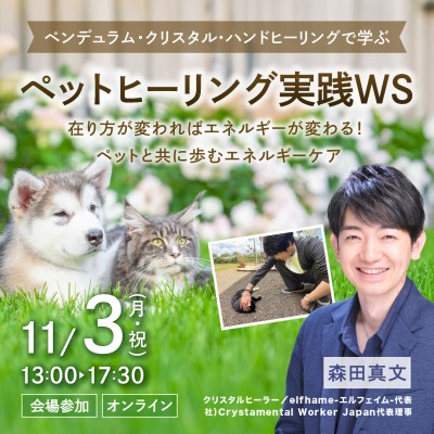11/3開催「ーペンデュラム・クリスタル・ハンドヒーリングで学ぶーペットヒーリング実践WS」森田真文